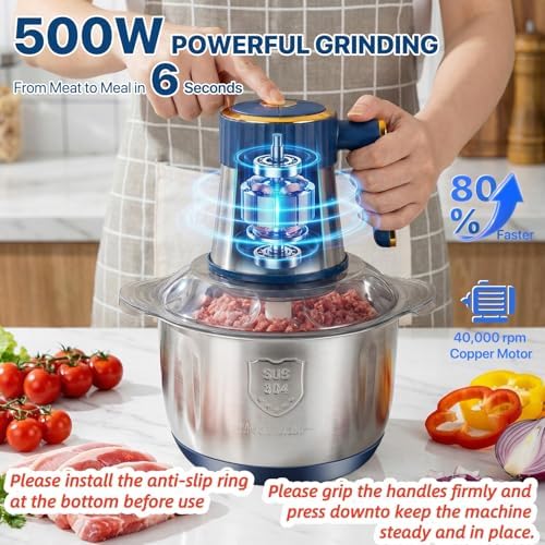20 Cups Large Capacity Food Processor,5 Speed Electric Meat Grinder Vegetable Chopper,500W Powerful Motor 6 Bi-Level Blade Meat mincer for Vegetable, Nuts, Onion, Garlic with 304 Stainless Steel Bowl - Image 2
