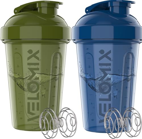 VELOMIX 2 Pack 20oz Protein Shaker Bottle for Protein Mixes, Green/Blue by VELOMIX