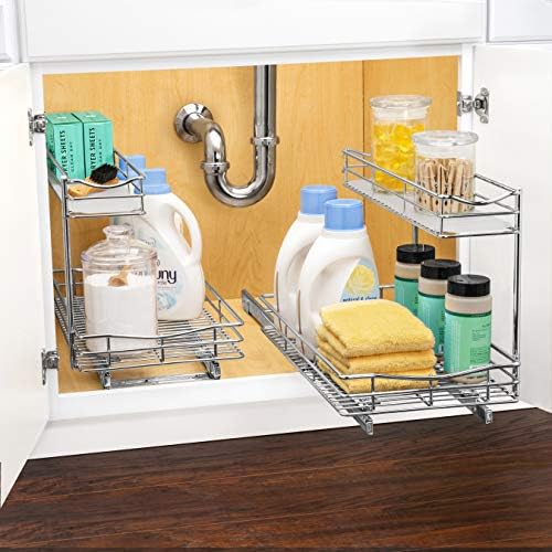 Pull Out Under Sink Kitchen Cabinet Organizer - 11.5 in. x 21 inch deep Drawer - Sliding Shelf Organizer for Cabinets and Undersink Storage Shelves - Lifetime Ltd. Warranty – Chrome