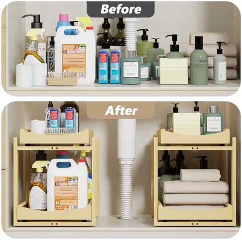 Bamboo Under Sink Organizer Adjustable Height 2 Tier Bathroom Organizer