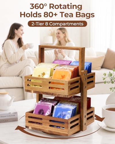 Acacia Wood Tea Bag Organizer, 360° Rotating 2-Tier Storage Holder with 8 Compartments, Holds 80+ Tea Bags for Kitchen Countertop, Tea Station, Home Decor
