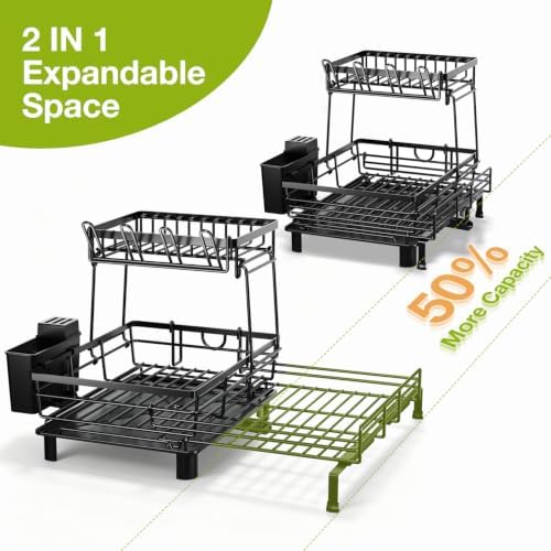 2-Tier Expandable Dish Drying Rack for Kitchen Counter, Black