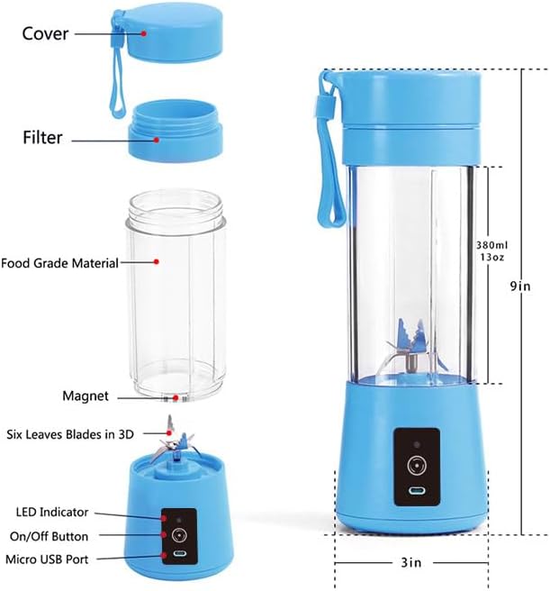 Cordless Portable Personal Size Blender - Mini Blender, 380Ml BPA Free Travel Cup, Powerful Blending Suit in Office/Home/Gym, Valentines Day Gift Pink (Blue)
