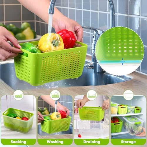 Produce containers for fridge,3 Set Fruit Containers with Removable Colander, BPA-Free Produce Saver Containers with Lids Dishwasher&Microwave Safe Keep Fruits, Vegetables, Berry, Fresh Longer