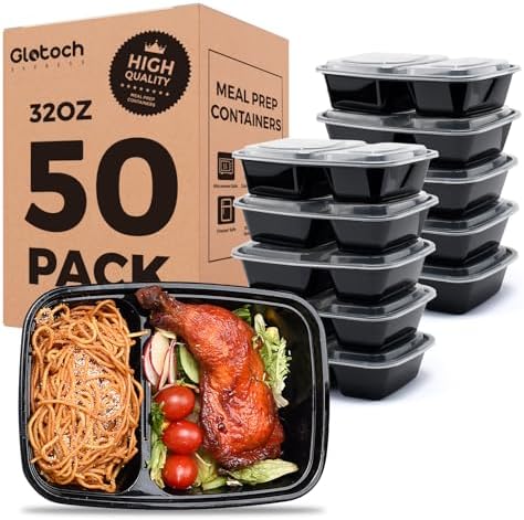 Glotoch 50 Pack(100-Piece)32oz 2-Compartment Meal Prep Containers with Lids