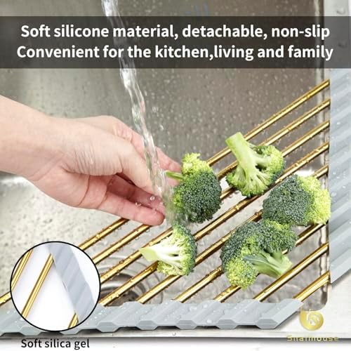 Small Triangle Roll Up Dish Drying Rack, Stainless Steel Kitchen Foldable Sink Caddy Organizer Sponge Holder for Sink Corner, Gold