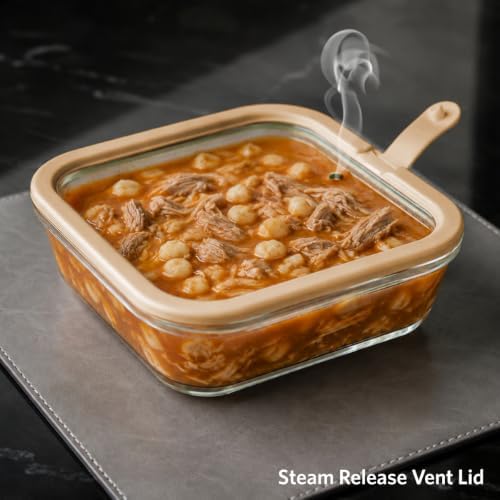 Glass Food Storage Containers, Set of 3 - Airtight Vacuum Sealed Steam Vent Lids - Square Borosilicate Glass Dishes with Ombre Green Lids - Assorted Sizes for Meal Prep & Leftovers, Brown