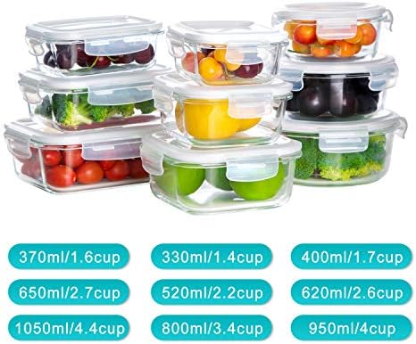 18 Piece Glass Food Storage Containers with Snap Locking Lids for Meal Prep