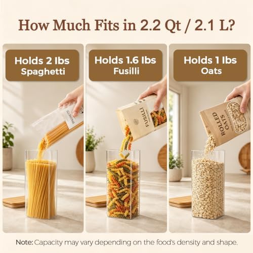 Pasta Containers Storage 2.2 Qt, Set of 3 Tall Glass Spaghetti Jar