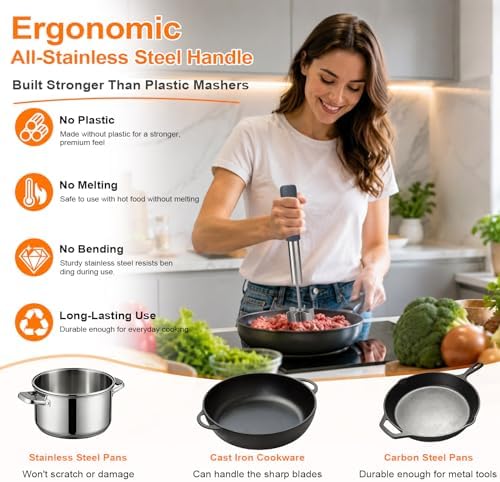 Stainless Steel Meat Chopper with 6 Wide Blades, Heavy Duty Ground Beef Masher & Meat Smasher Tool, Heat Resistant Silicone Handle Hamburger Smasher for Cast Iron & Metal Pans