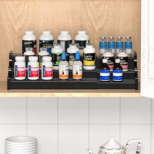 Spice Rack Organizer For Cabinet - 3 Tier Black Bamboo Wooden Expandable Display Shelf from 12.70 to 22.20 inch