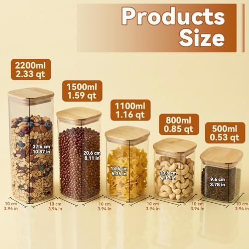 5PCSGlass Storage Containers with Lids, Airtight Pantry Storage Containers Glass Jars Kitchen Canisters Flour Sugar Food Storage Dishwasher Safe (0.5Qt*1/0.85Qt*1/1.2Qt*1/1.6Qt*1/2.3Qt*1)