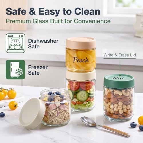 8 Pack Overnight Oats Containers with Lids, Large & Small Glass Mason Jars 16oz & 10 oz, Breakfast Oatmeal Container to Go, Salad Meal Prep Jars for Food Storage, Mush Chia Seed Pudding Jars