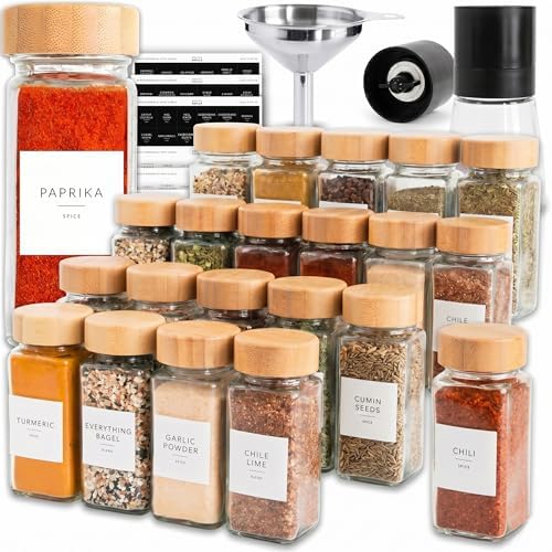 Glass Spice Jars with Label, 24PK Bamboo Jar Spices Set 4oz, 374 Spice Labels, Pepper Grinder, Empty Herb Seasoning Containers, Funnel and Shaker Lids