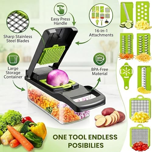 Multifunction 14 in 1 Vegetable Chopper Food Slicer Dicer with Container Manual Kitchen Cutter with Interchangeable Blades for Fruits and Vegetables - Image 2