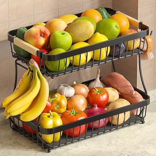 2-Tier Fruit Basket with Banana Hangers, Detachable Metal Bowl