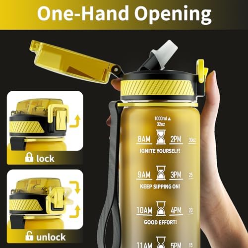 Water Bottle with Straw, 32oz Sports Water Bottles with Time Marker