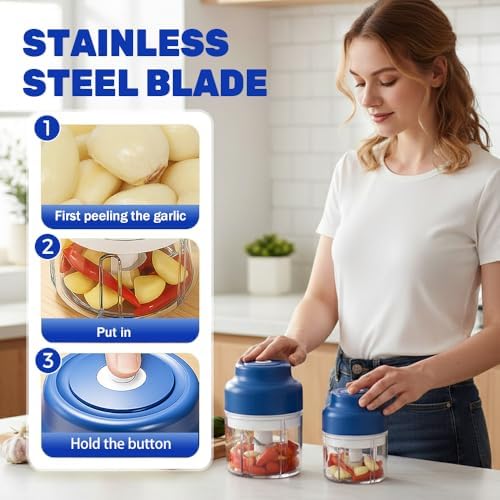 Electric Garlic Chopper, Mini Food Processor Small USB Rechargeable Mini Chopper, Wireless Electric Veggie Grinder & Garlic Mincer for Onion, Chili, Ginger (Blue, 250ML) - Image 6
