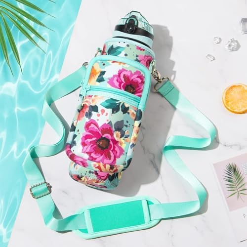 32 oz Water Bottle with Sleeve - BPA Free Leakproof Sport Large 1L Plastic Motivational Water Bottle with Straw Strap & Insulated Neoprene Holder Carrier Bag Great Xmas Gift for Women Men