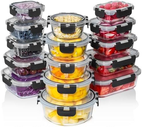 30 PC Glass Food Storage Containers with Lids - Reusable Glass Meal Prep Containers for Lunch and Leftovers - Airtight & Leakproof Snap Locking Lids - Oven, Freezer, Microwave, Dishwasher Safe