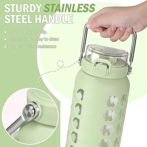 64oz Glass Water Bottle with Straw and Lid, Green