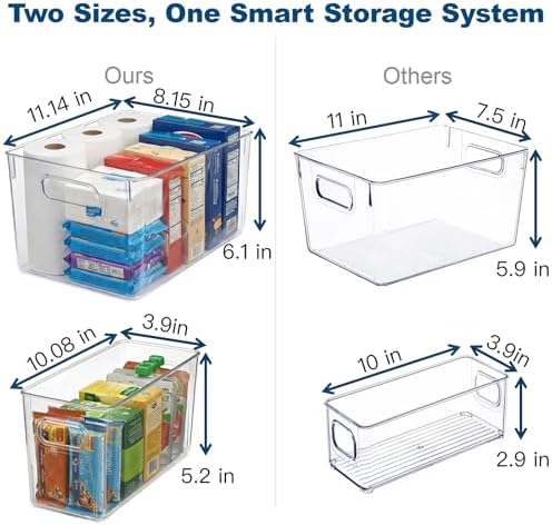8 Pack Clear Plastic Storage Organizer Bins, 4 Large & 4 Narrow