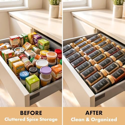 Glass Spice Jars with Label, 24x Bamboo Wooden Lids - Black Labels