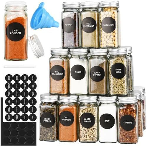 24pcs Glass Spice Jars, 4oz Empty Spice Jars with Metal Caps, Labels, Shaker Lids, Collapsible Funnel, Chalk Pen, Seasoning Organizer for Spice Rack