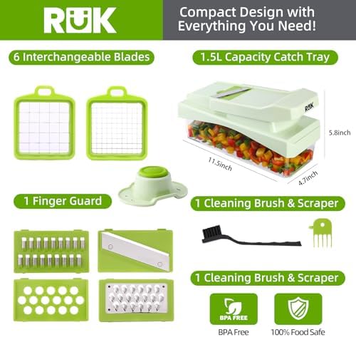 RüK 10-in-1 Vegetable Chopper – 6 Blade Veggie Chopper with Container, Food Dicer, Onion Cutter, Cheese Grater, Mandoline Slicer, Kitchen Gadgets & Home Essentials (Green) - Image 2