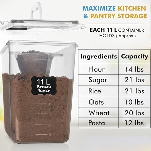 2 PC (11L | 372 oz) Flour Sugar Storage Containers with Easy Carry Handle - Plastic Extra Large Food Storage Containers with Lids for Rice Cereal, BPA Free & Airtight Kitchen Pantry Organization