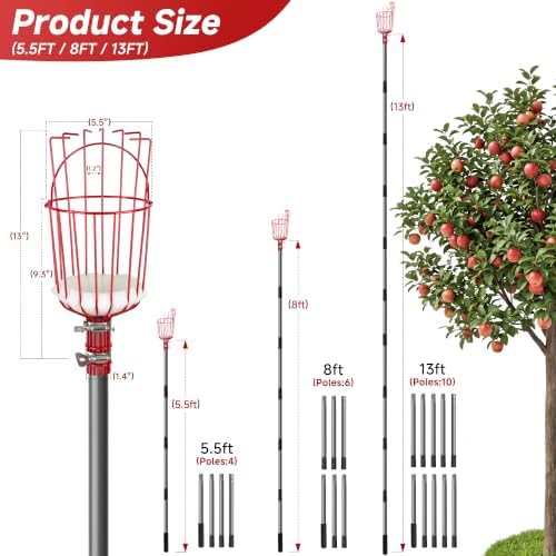8FT Fruit Picker Tool, 35-95" Adjustable Pole with Basket