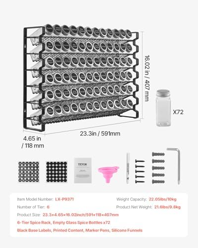 Spice Rack Organizer for Cabinet, Spice Organizer with 72 Empty Spice Jars, Lids, Spice Labels, and Funnel Complete Set, Seasoning Organizer for Countertop, Kitchen, Pantry, Cupboard, 23x16 in