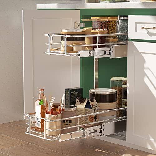 2 Tier Individual Pull Out Cabinet Organizer 9" W x 21½" D, Slide Out Kitchen Cabinet Storage Sliding Shelves