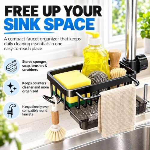 Faucet Drainer Basket, Kitchen Sink Faucet Organizer with Drip Tray, Sponge Holder and Dish Brush Holder, Quick Drying Hanging Caddy with Hook for Soap, Scrubbers, Kitchen & Bathroom(Black-B)
