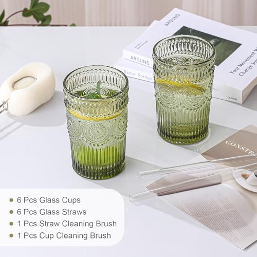 Drinking Glasses Set of 6,13oz Flower Design Green Glass Cups