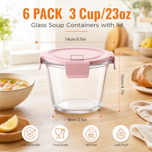 6 Pack 3 Cup/23oz Glass Soup Containers with Lids, Meal Prep Containers
