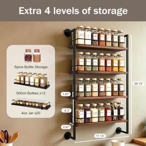 4 Tier Spice Rack Wall Mounted for Kitchen, Large Capacity Organizer