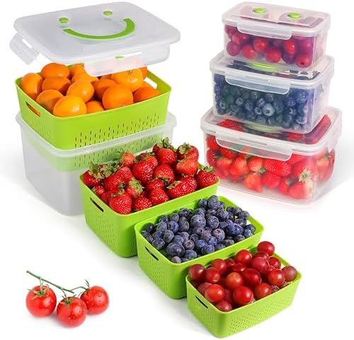 Fruit Storage Containers for Fridge - Set of 4 - Airtight Lid Keeps Fresh - For Fruit & Vegetable Storage - Space-Saving Design - Ideal for Produce, Berries, Snacks - Green