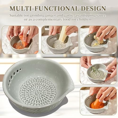 Garlic Grater Plate, Herb Stripper Bowl, Handmade Garlic Grater Herb Bowl, Grater Plate With Drainage Port, Easy Cook For Garlic, Herb, Ginger, Cooking Lover (7-hole light green)
