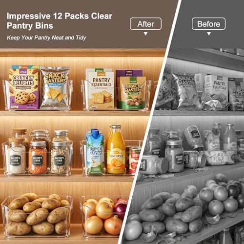 12 Pack Pantry Storage Bins for Kitchen Cabinet, Clear Plastic Organizer Bins for Bathroom, Pantry Organizer Containers for Home Edit, Drawer, Under Sink, Fridge