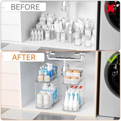 2 Pack 13.8″ Deep 2 Tier Under Sink Storage Organizer,Large Pull Out Bathroom Organizers and Storage,Slide Out Acrylic Undersink Storage Shelf,Kitchen Under Sink Organizer for Cleaning Products