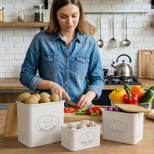 Plastic Potato and Onion Storage Bin Box, Set of 3, White