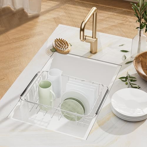 Over Sink Dish Drying Rack, Expandable 14.96"–22.44" Adjustable Dish Rack for Kitchen Sink, 304 Stainless Steel Dish Drainer with Utensil Holder, Space Saving for Most Standard Kitchen Sinks