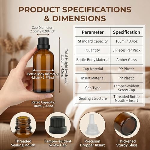 erioctry 3PCS 100ml/3.4oz Empty Amber Glass Bottle with Orifice Reducer and Black Cap for Essential Oils Aromatherapy Cosmetic Storage - Image 2