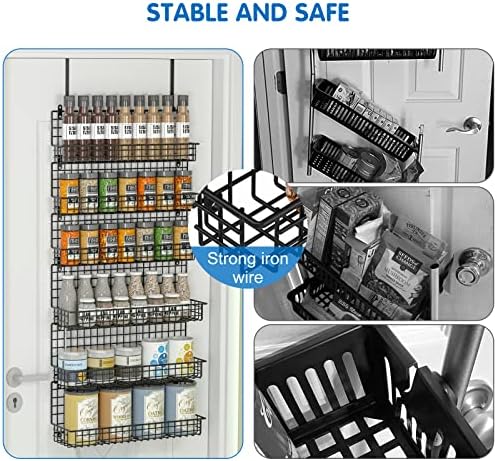 6-Tier Spice Rack Organizer with Door Hook, Wall Mounted & Over the Door Spice Racks for Kitchen Pantry Door Cabinet, Two Size, Large Capacity, Black