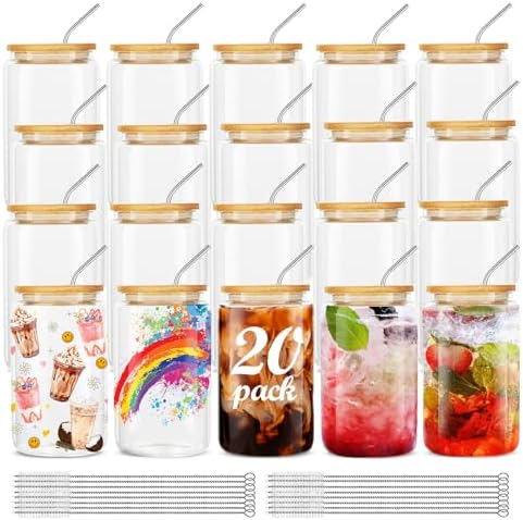 20Pcs Glass Cups With Bamboo Lids and Straws,16Oz Ice Coffee Cup,Drinking Glasses Cups Set,Water Bottles Glasses for Juicing,Beer,Coffee,Soda,Tea-Glass Tumbler Reusable for Gifts