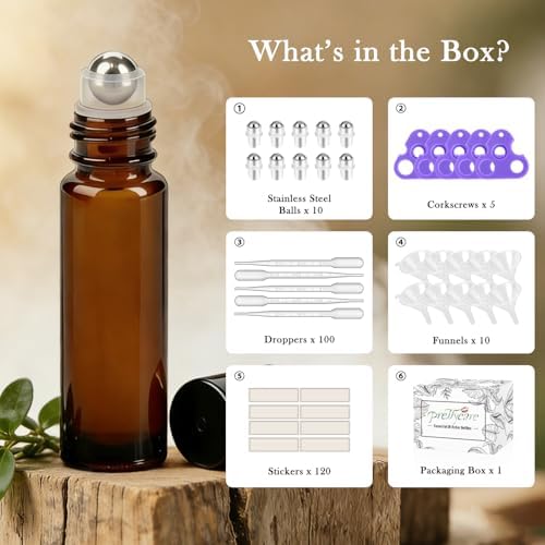 PrettyCare Set of 120, Bulk 10 ml Essential Oil Roller Bottles with Stainless Steel Roller Ball - Refillable Leak-proof Empty Thick Amber Glass Roll on Bottles with Black Caps for Travel, Perfume - Image 2