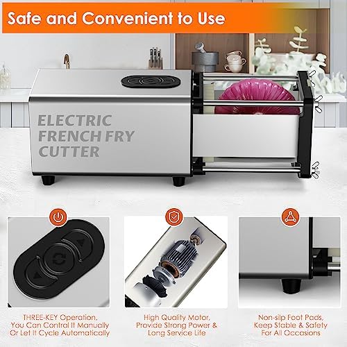 Electric French Fry Cutter, 1/2 & 3/8 Inch Interchangeable Stainless Steel Blades Automatic Potato Cutter, Commercial & Household Potato Slicer, Use for Potatoes Onion Cucumbers