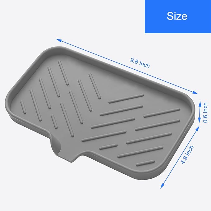 Large Sponge Holder for Kitchen, Silicone Tray with Drain Spout for Dispenser, Scrubber, Bottle, Soap Holder for Shower Bathroom (Grey, 9.8" x 4.9")