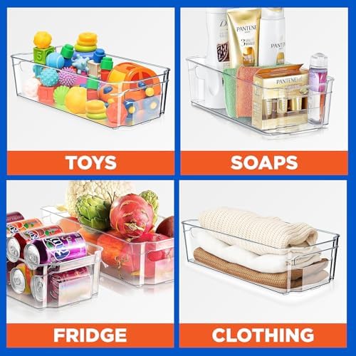 Refrigerator Organizer Bins 6-Piece - Plastic Storage Bins with Egg Holder - For Fridge, Freezer, Kitchen, Cabinet, Countertops, Pantry - Stackable Food & Drink Containers, 14.5"x7" - Clear
